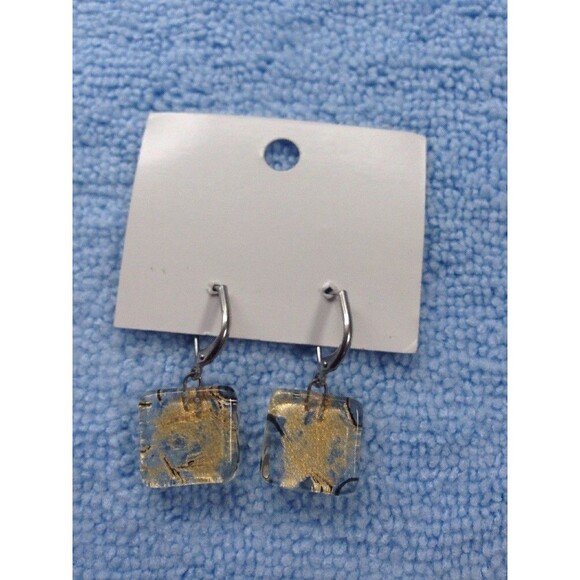 Bijoux Cre-Art Glass Square Dangle Earrings Clear Gold Color Black Canadian Art - Picture 2 of 4